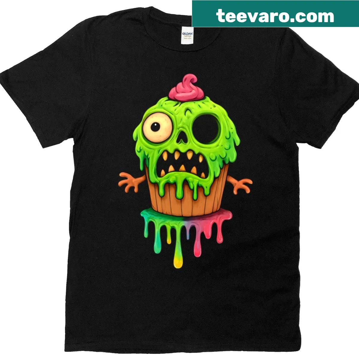 Oversized t-shirt with a cartoon zombie cupcake design featuring melting frosting — on a men's t-shirt