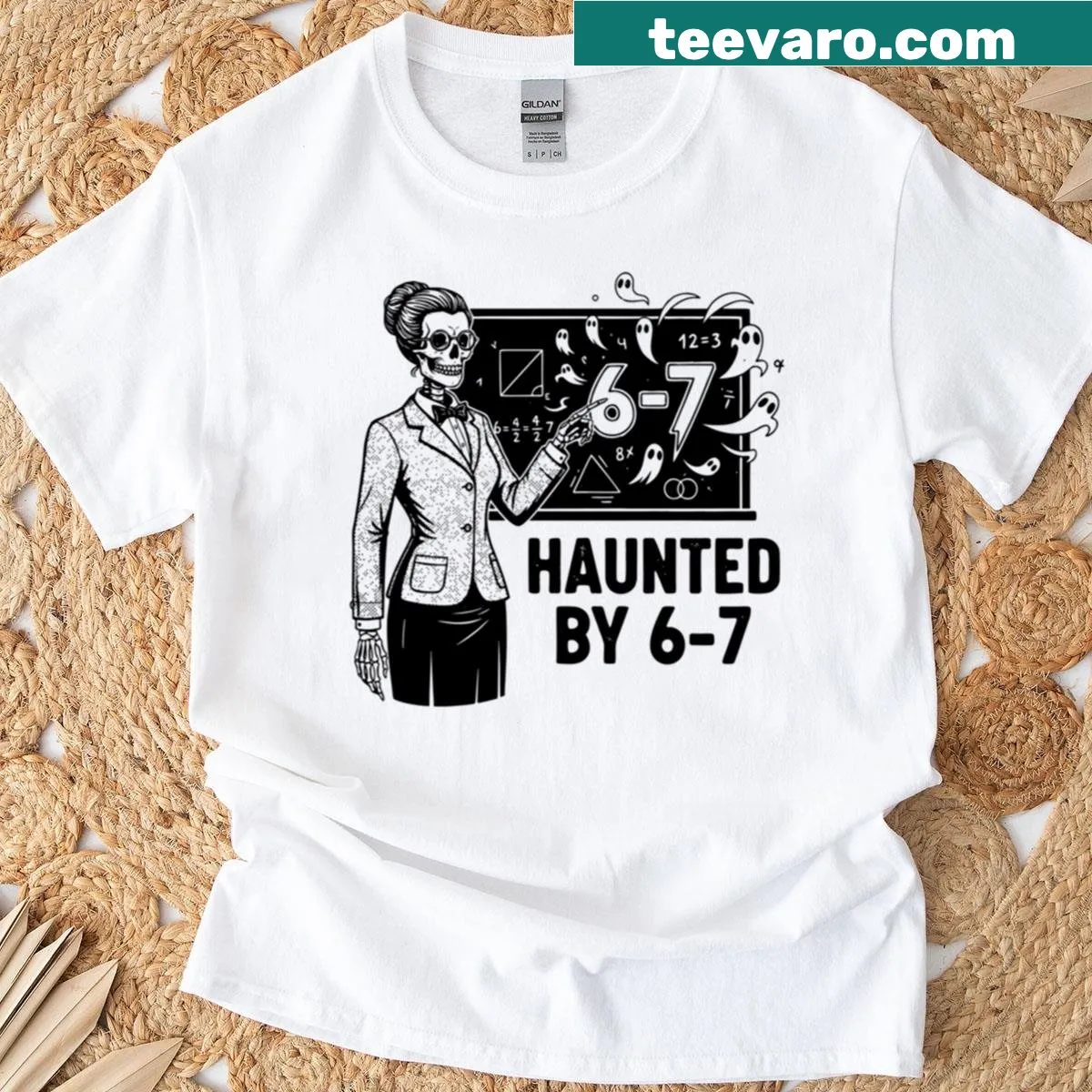 Halloween teacher t-shirt featuring the numbers 6 and 7 with spooky elements — on a men's t-shirt