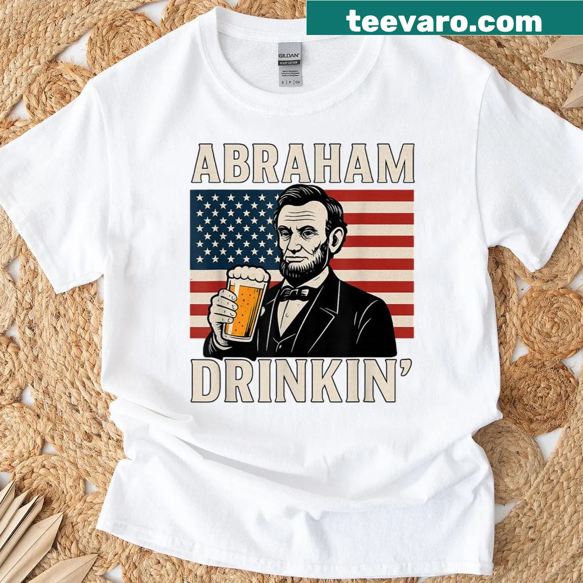 Funny Abraham Lincoln illustration with USA flag — on a men's t-shirt
