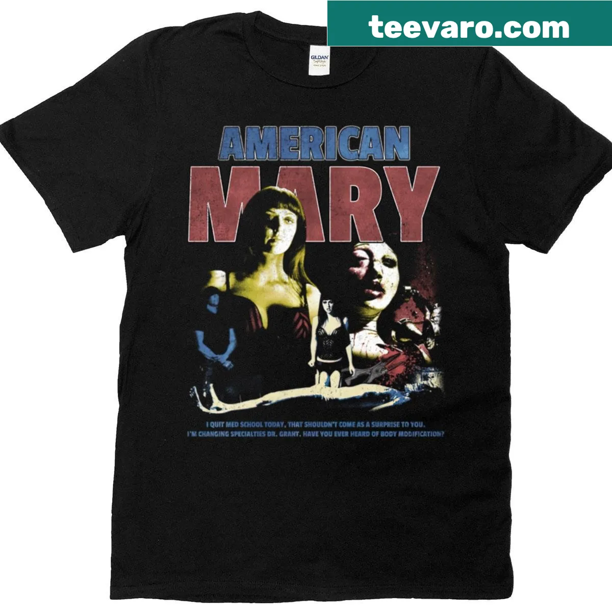 Graphic T-shirt inspired by American Mary horror movie — on a men's t-shirt