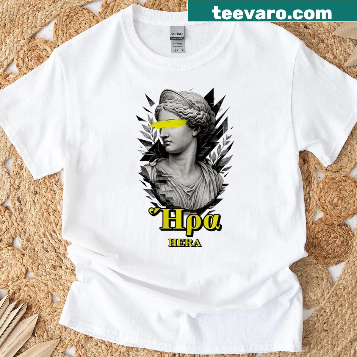 Vaporwave style print of Hera statue on T-shirt — on a men's t-shirt