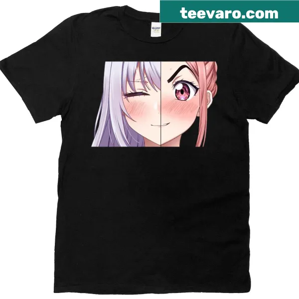 Anime split face blonde character graphic on T-shirt