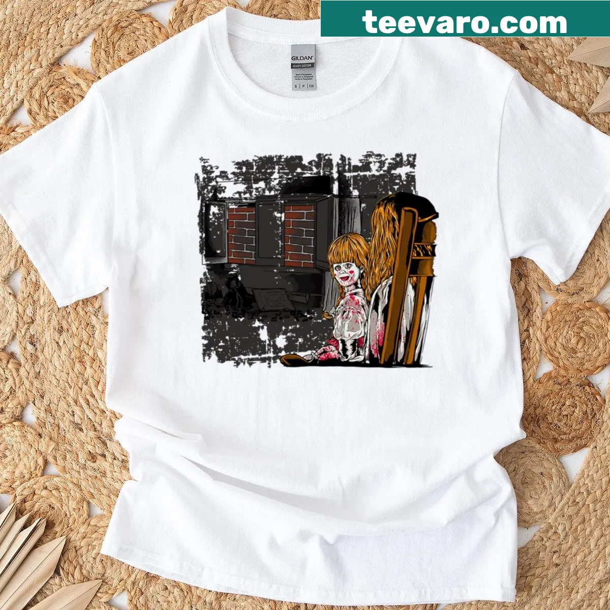 Illustration of Annabelle on a Halloween-themed t-shirt — on a men's t-shirt