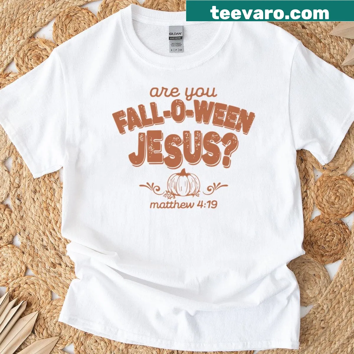 Playful typography T-shirt combining Halloween and faith — on a men's t-shirt