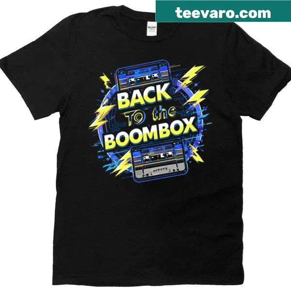 Illustrated boombox graphic on T-shirt