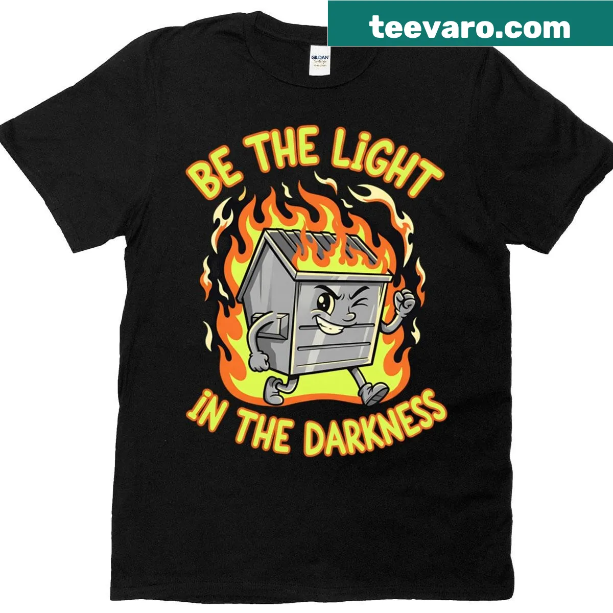 Ironic graphic T-shirt with 'Be Light In The Darkness' and a dumpster fire illustration — on a men's t-shirt
