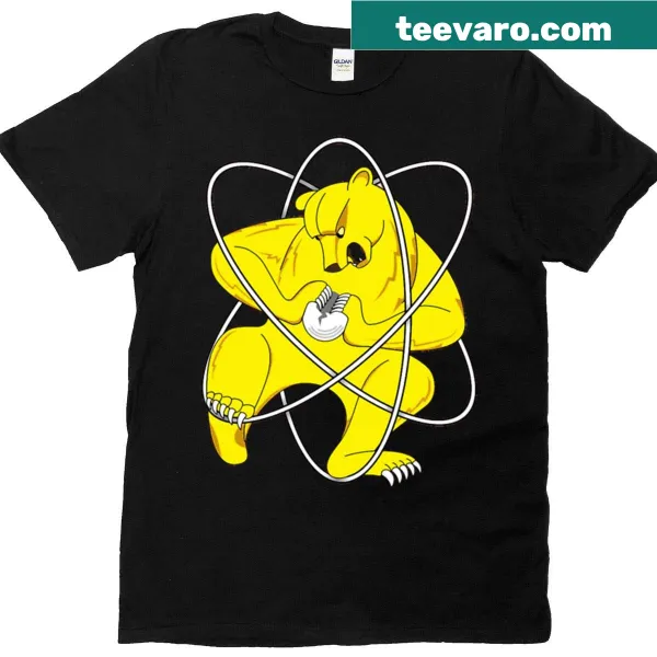 Whimsical bear cartoon T-shirt splitting an atom