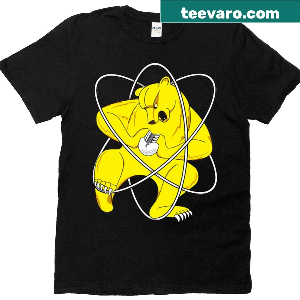 Whimsical bear cartoon T-shirt splitting an atom — on a men's t-shirt