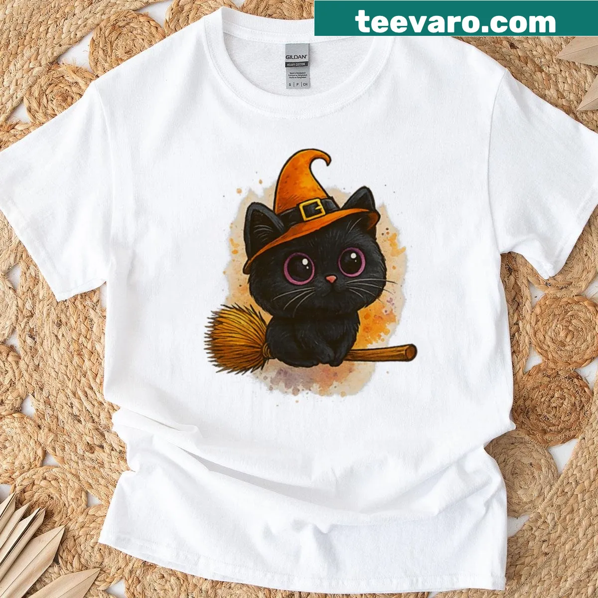 Kawaii black cat witch on a broomstick design for Halloween — on a men's t-shirt