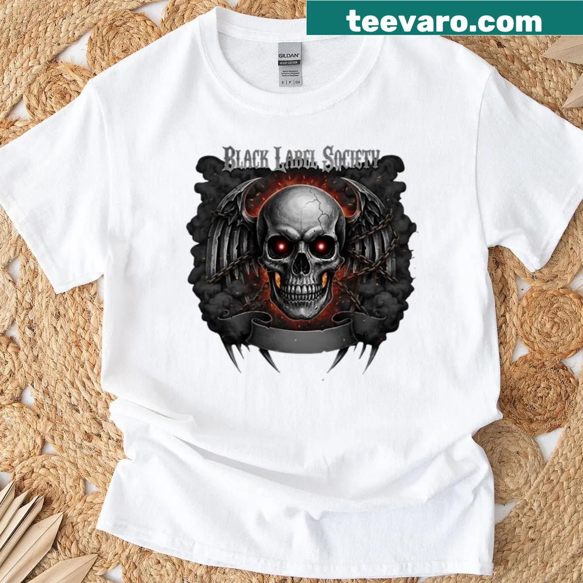 Black Label Society T-shirt featuring skull logo design — on a men's t-shirt