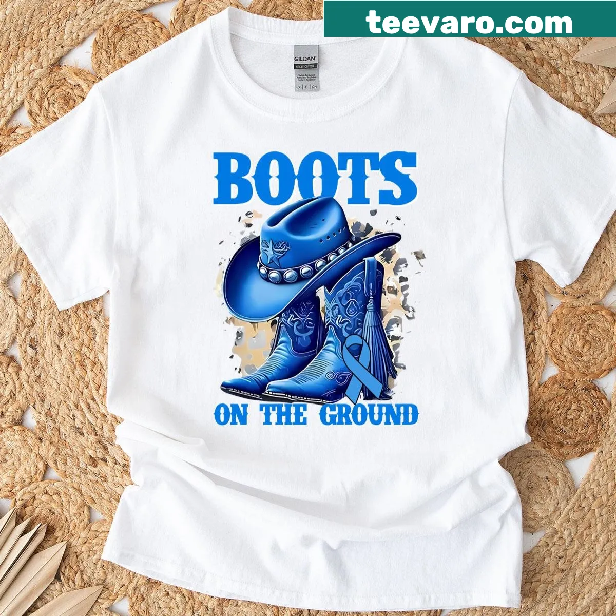 Diabetes awareness t-shirt with blue ribbon, cowgirl hat, and boots design — on a men's t-shirt