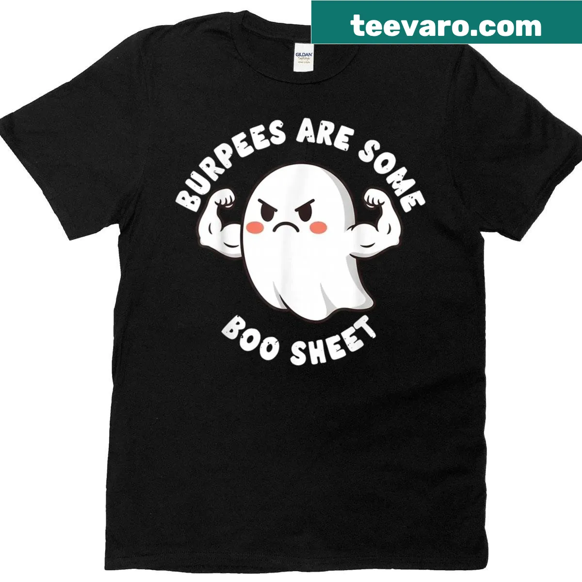 Halloween-themed fitness t-shirt with ghost design and humorous text — on a men's t-shirt