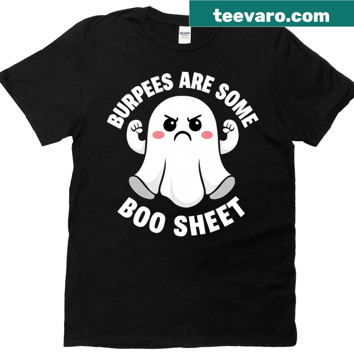 Funny Halloween-themed fitness T-shirt with ghost and text — on a men's t-shirt