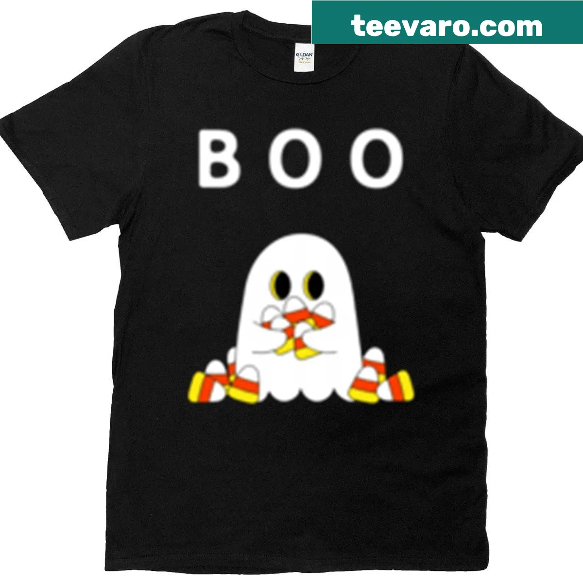 Cute candy corn ghost graphic for Halloween costume t-shirt — on a men's t-shirt