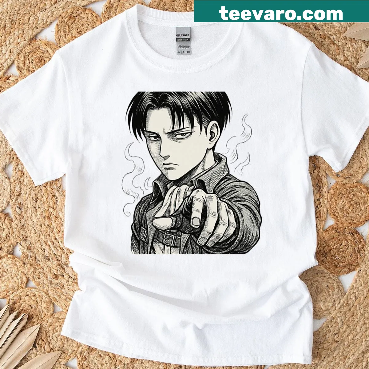 Sketch of Captain Levi pointing, anime-themed t-shirt — on a men's t-shirt
