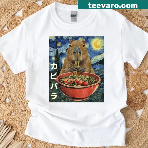Cartoon capybara enjoying ramen in an anime style t-shirt