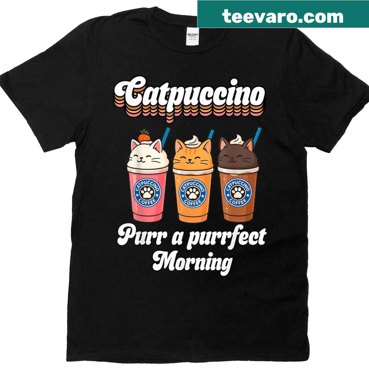 Funny cat coffee pun t-shirt with 'Catpuccino' text. — on a men's t-shirt