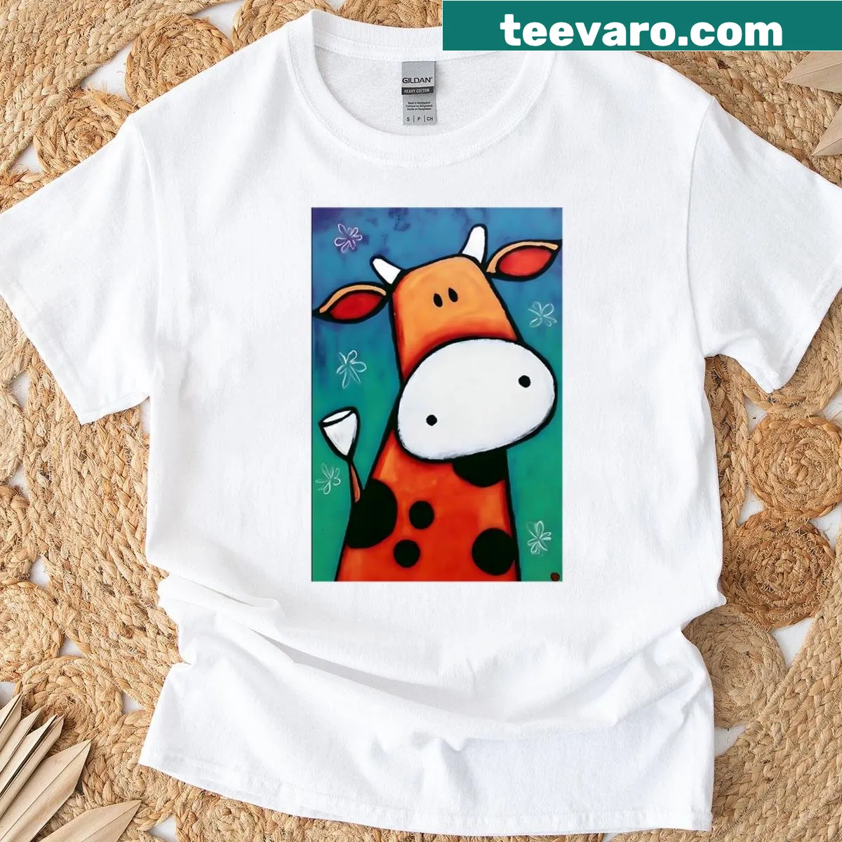 Cute cow graphic with big eyes and a smile on a T-shirt — on a men's t-shirt
