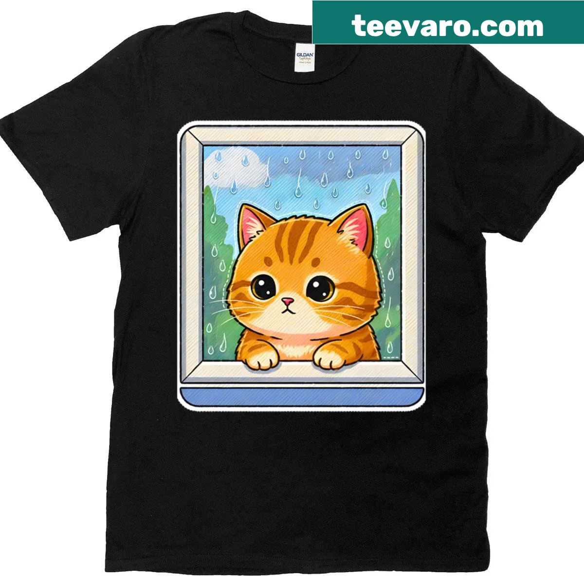 Kawaii T-shirt with chibi kitten embroidery and rain window design — on a men's t-shirt