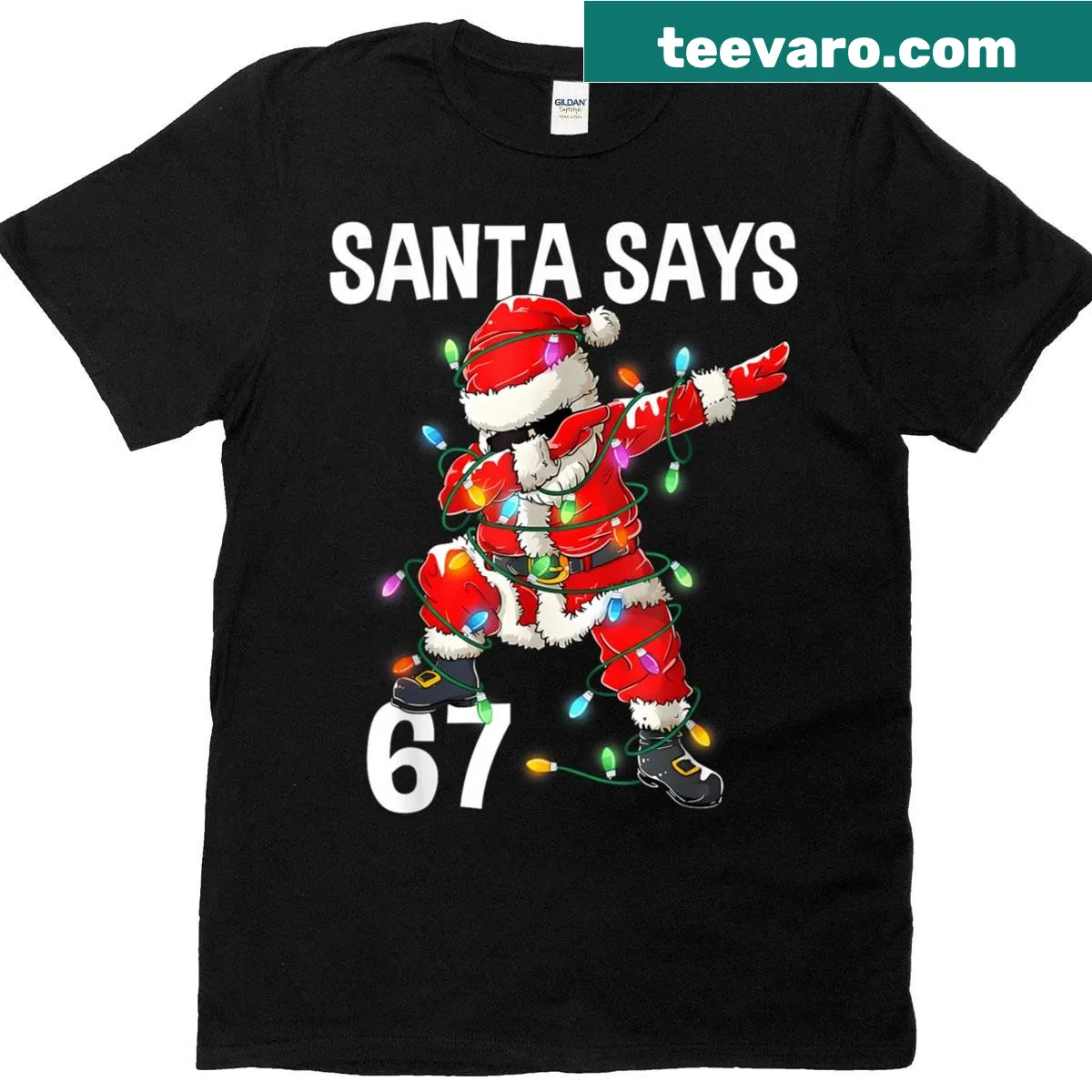 Funny Santa '67' meme graphic on Christmas t-shirt — on a men's t-shirt