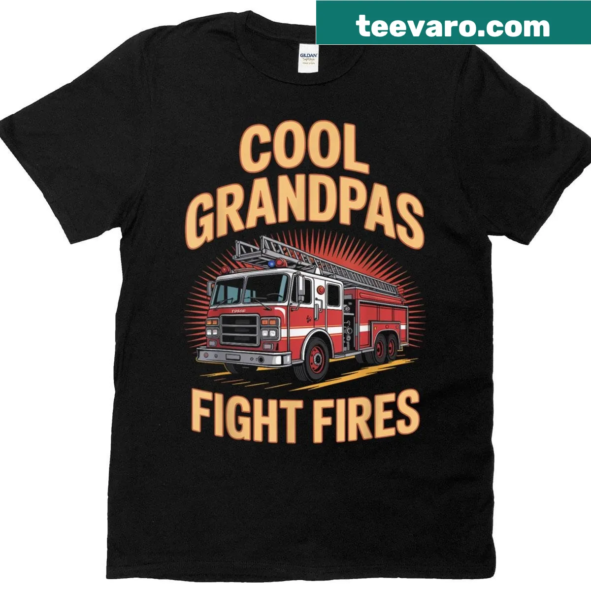 Cartoon graphic of a firefighter grandpa battling flames — on a men's t-shirt