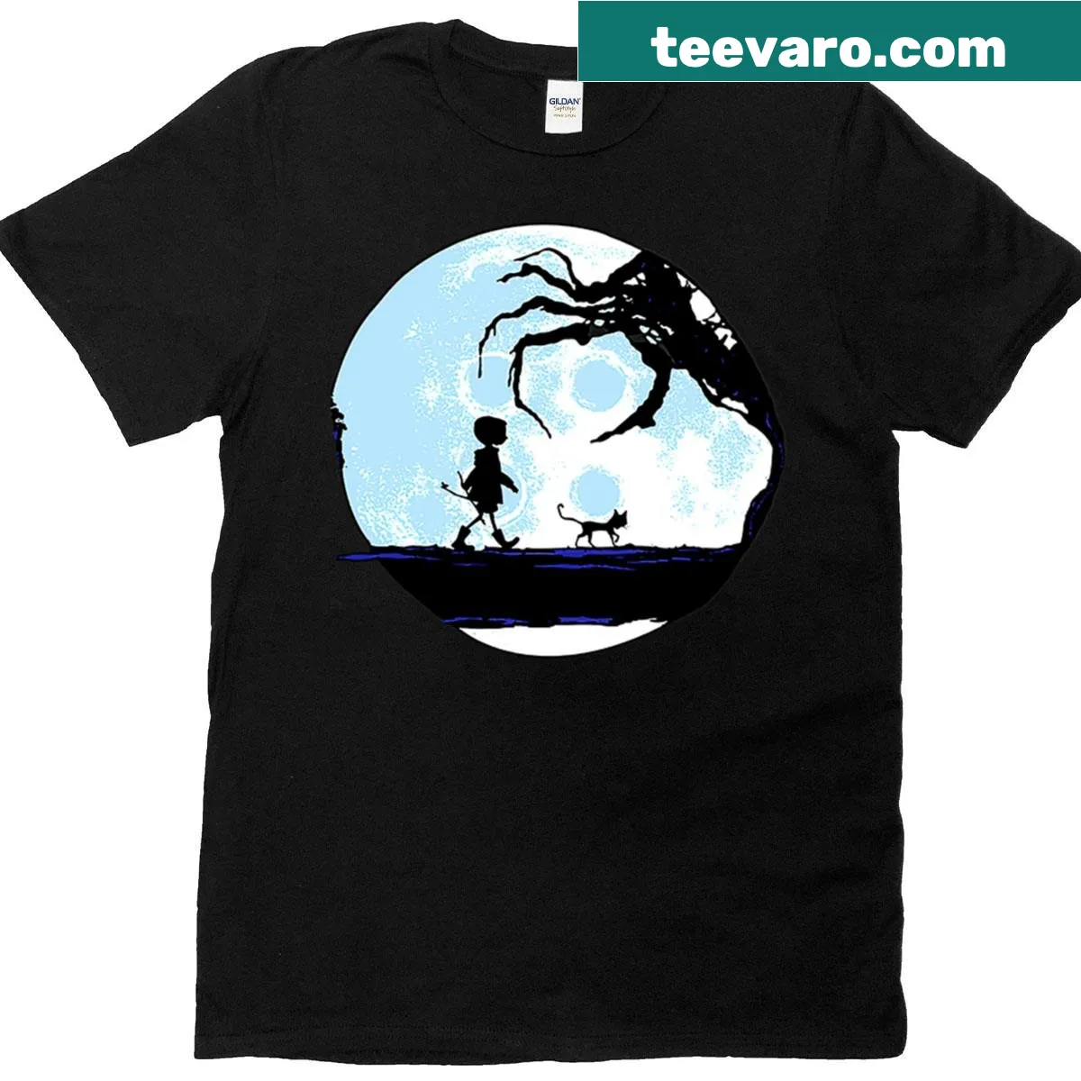 Illustrative T-shirt inspired by the film Coraline with whimsical characters — on a men's t-shirt