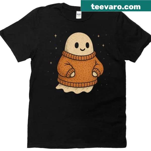 Playful ghost illustration wearing an oversized t-shirt for a cozy Halloween look.