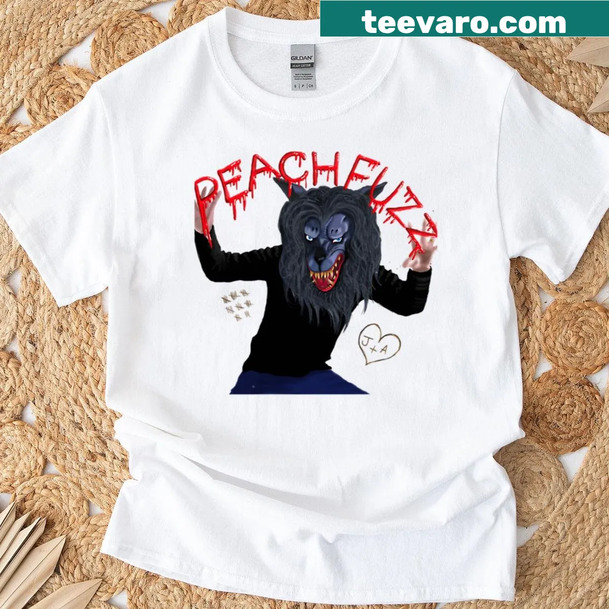 Cartoon werewolf wearing a plush mask graphic t-shirt — on a men's t-shirt