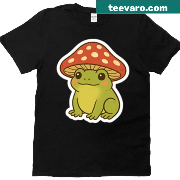 Illustration of a cute frog wearing a mushroom hat on a T-shirt