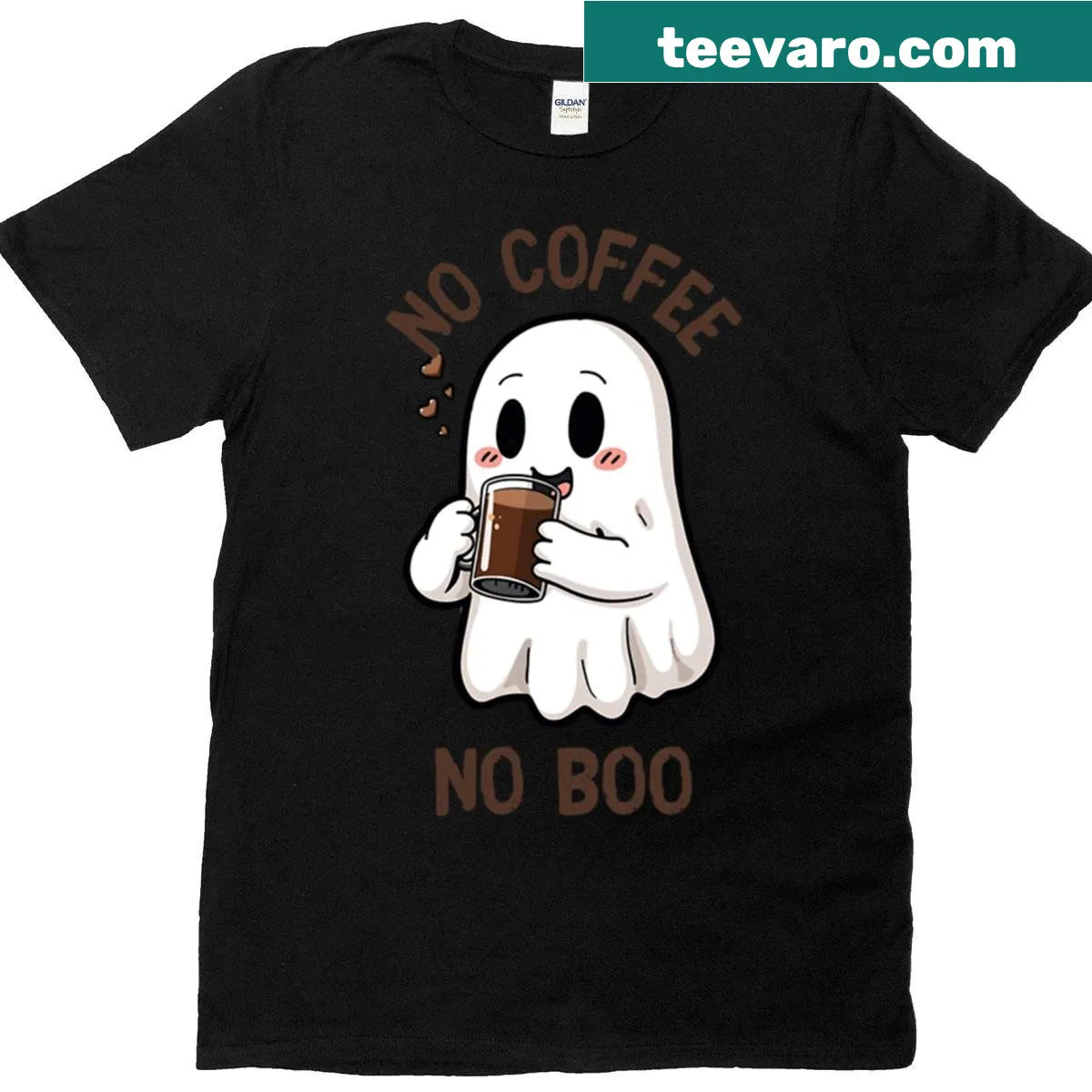 Cute ghost holding a cup of coffee on a t-shirt — on a men's t-shirt