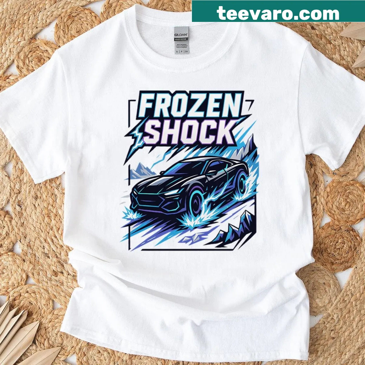 Futuristic car graphic in motion with cyberpunk themes on T-shirt — on a men's t-shirt