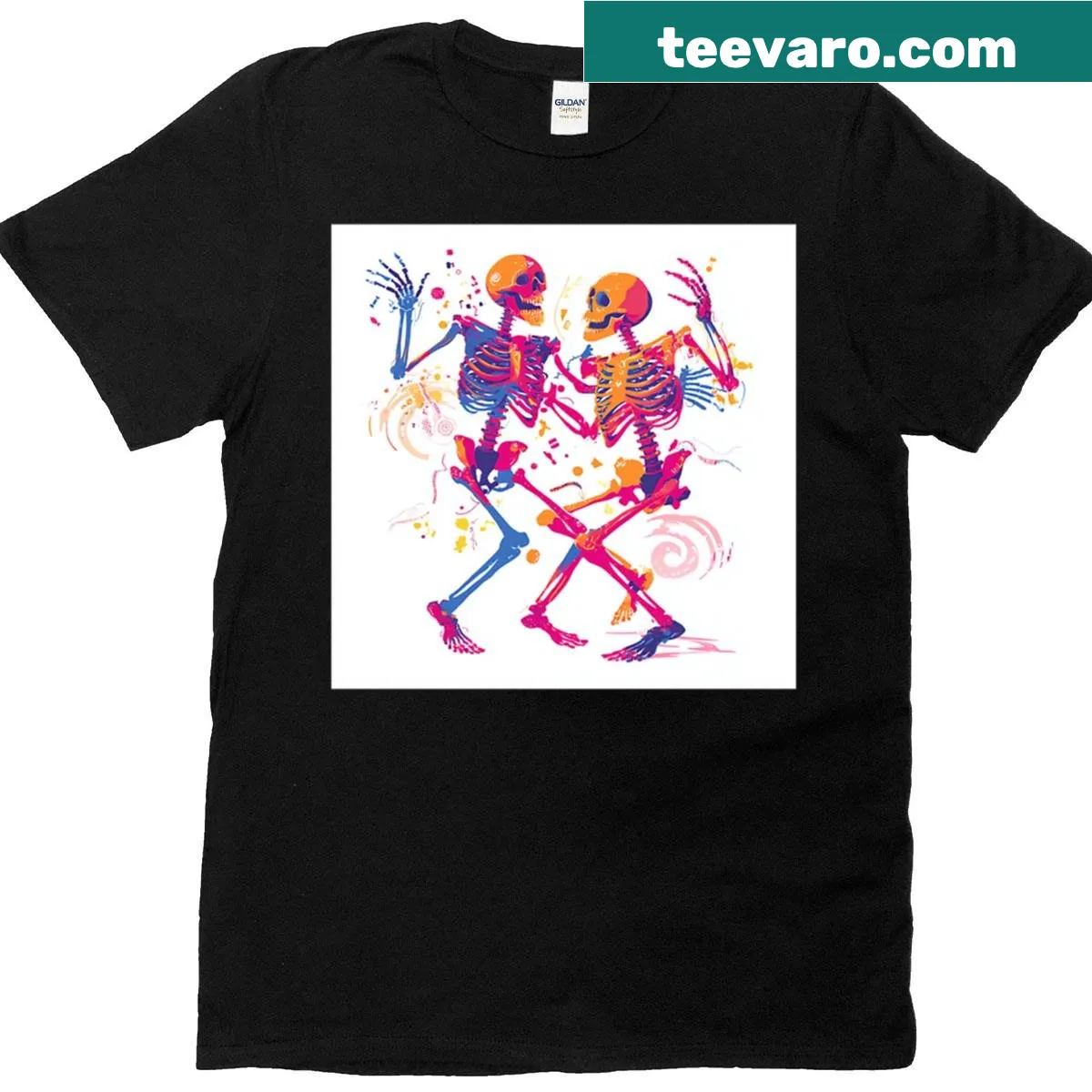 Fun dancing skeletons graphic on Halloween-themed t-shirt — on a men's t-shirt
