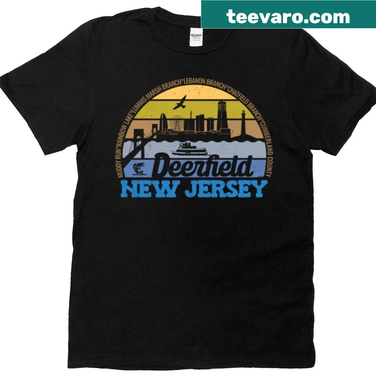 Vintage logo t-shirt featuring Deerfield, New Jersey sunset design. — on a men's t-shirt