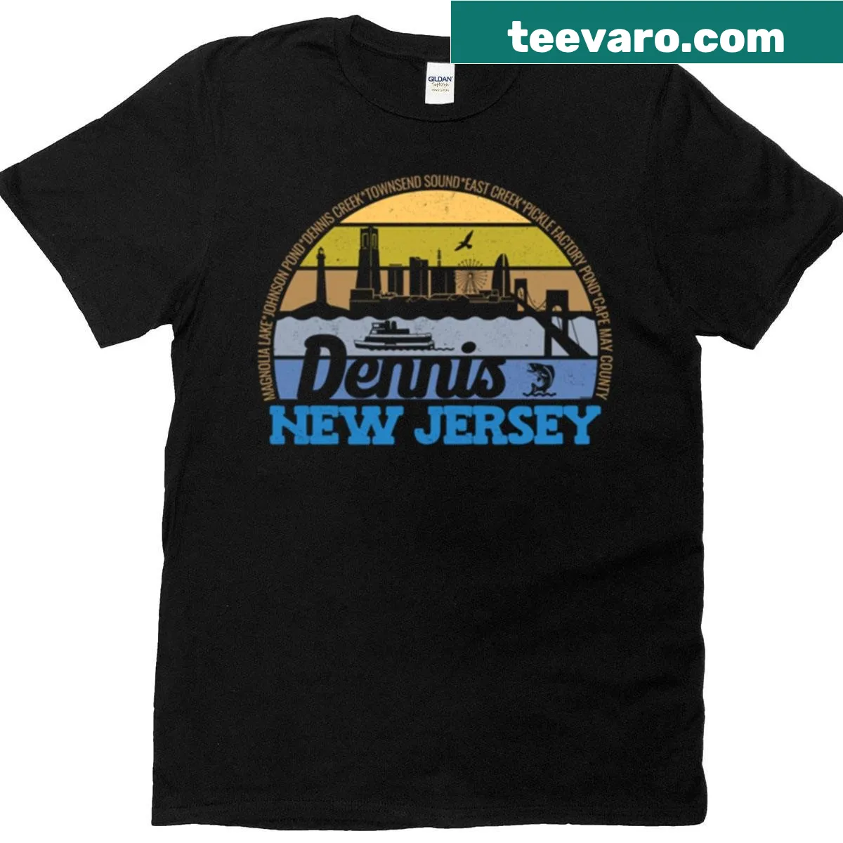 Vintage logo design representing Dennis, New Jersey — on a men's t-shirt