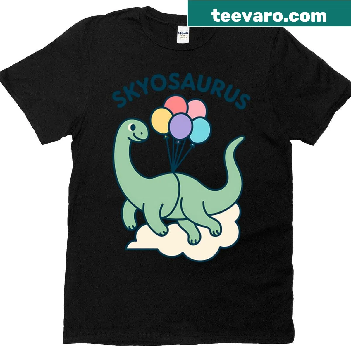 Cute floating Brontosaurus with balloons in the sky T-shirt design — on a men's t-shirt