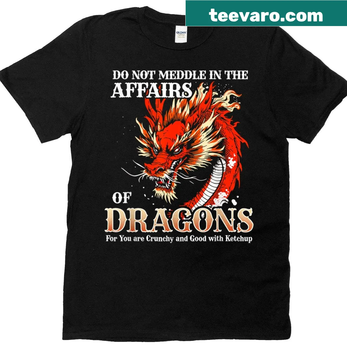 Funny T-shirt with dragon-themed text warning about meddling. — on a men's t-shirt