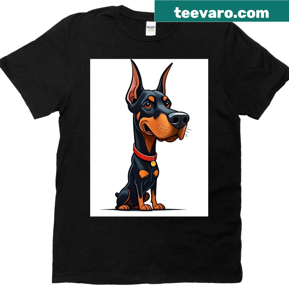 Bold caricature of a Doberman on a playful t-shirt — on a men's t-shirt