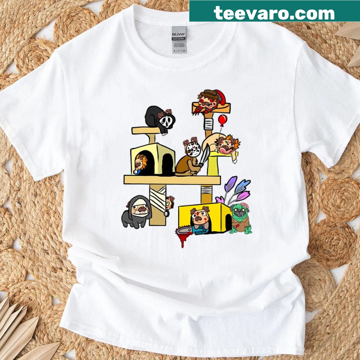 Oversized T-shirt with a humorous horror movie dog design. — on a men's t-shirt
