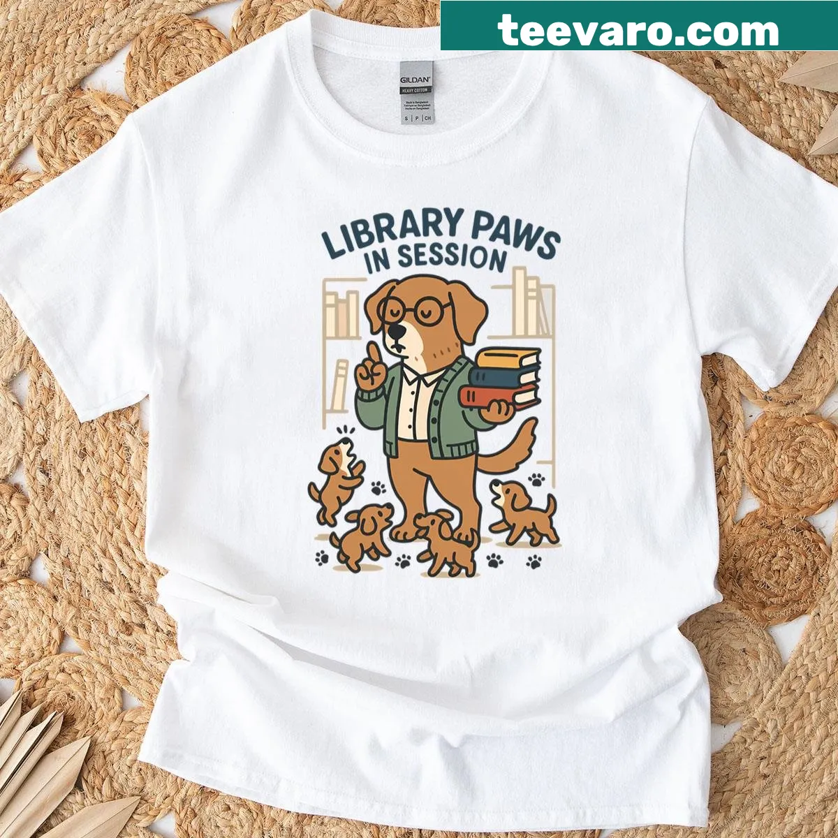 Whimsical dog librarian design with puppies and books — on a men's t-shirt