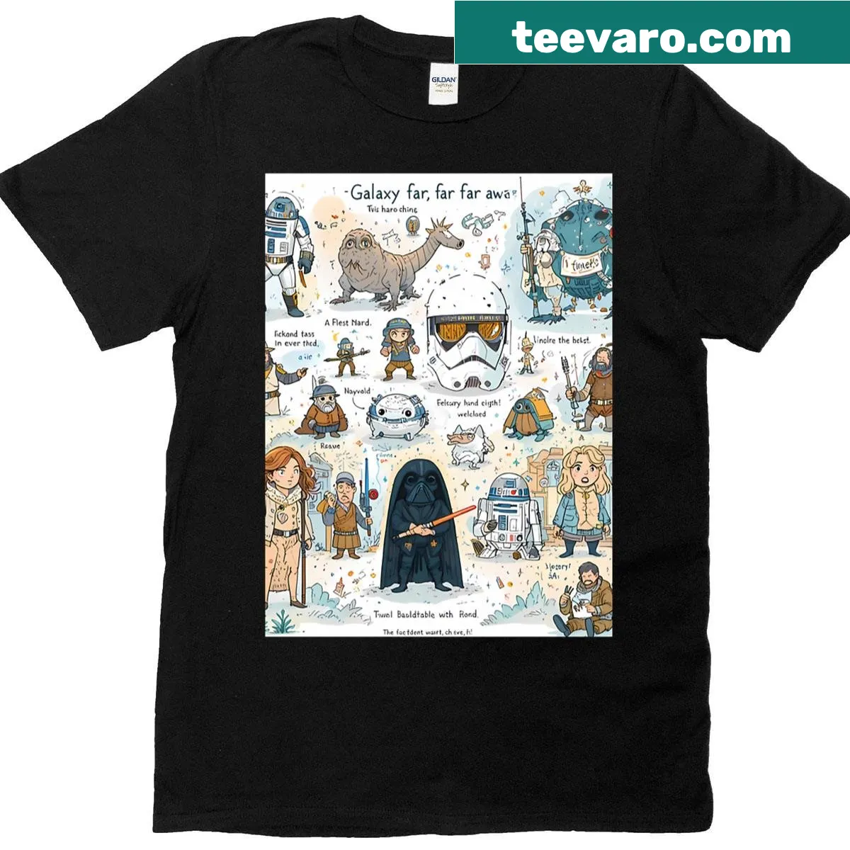 Whimsical design of interstellar adventures on a t-shirt — on a men's t-shirt