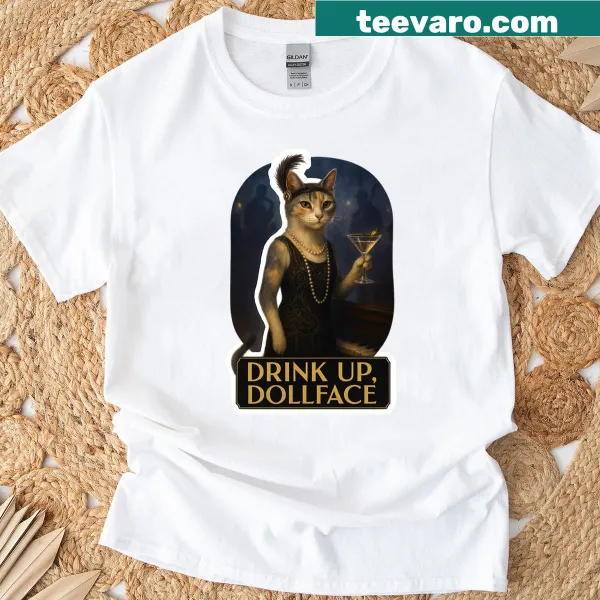 Illustration of a flapper cat in a speakeasy with drink on T-shirt.