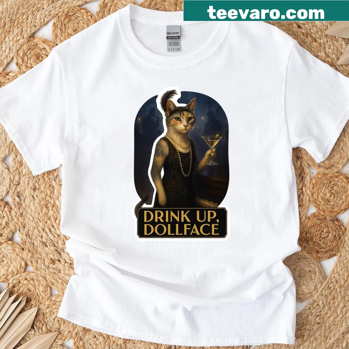 Illustration of a flapper cat in a speakeasy with drink on T-shirt. — on a men's t-shirt