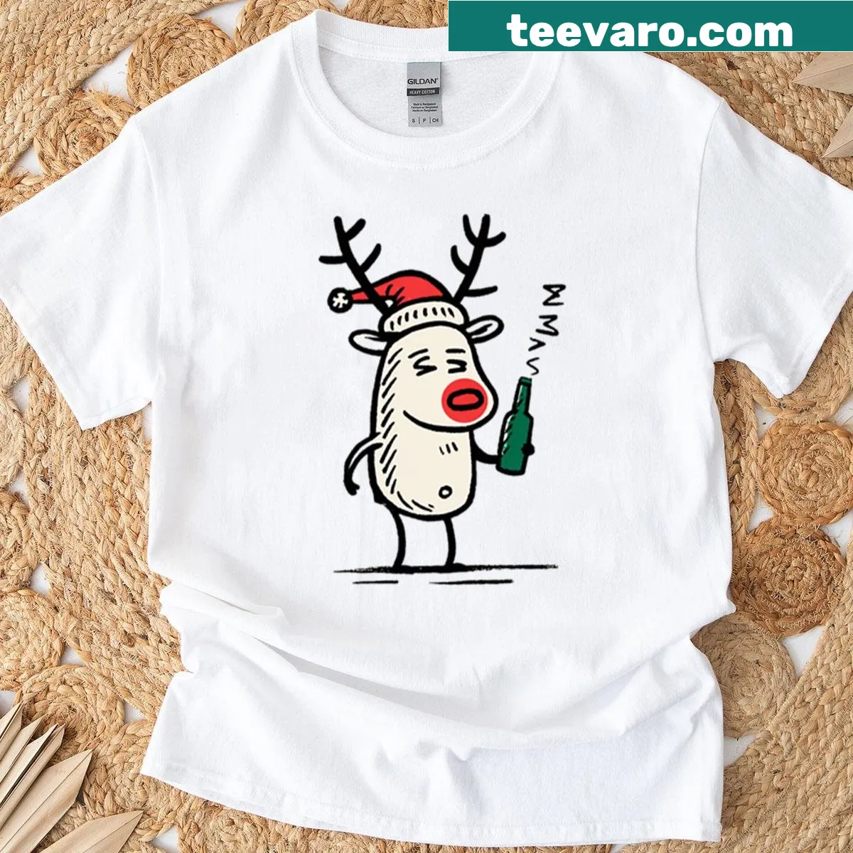 Playful drunk reindeer cartoon on a Christmas t-shirt — on a men's t-shirt