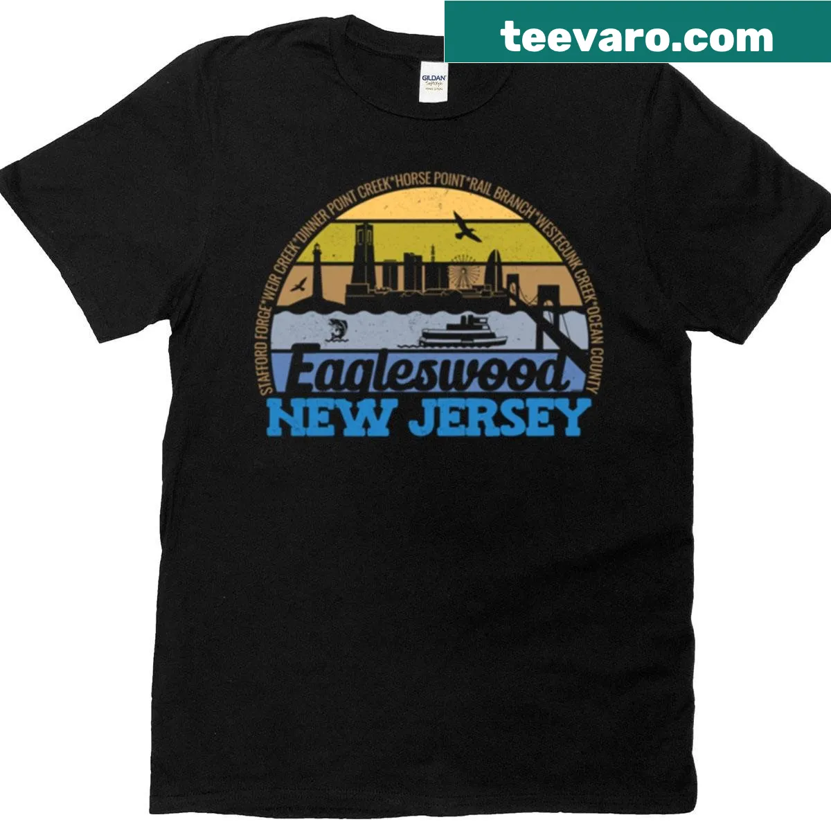 Retro logo of Eagleswood NJ with sunset design — on a men's t-shirt