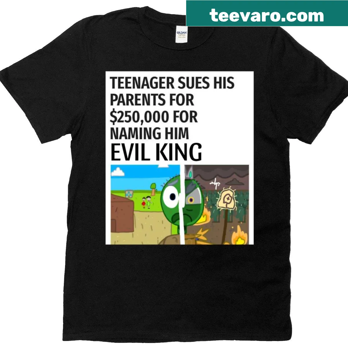Graphic of an ominous figure representing an evil king — on a men's t-shirt