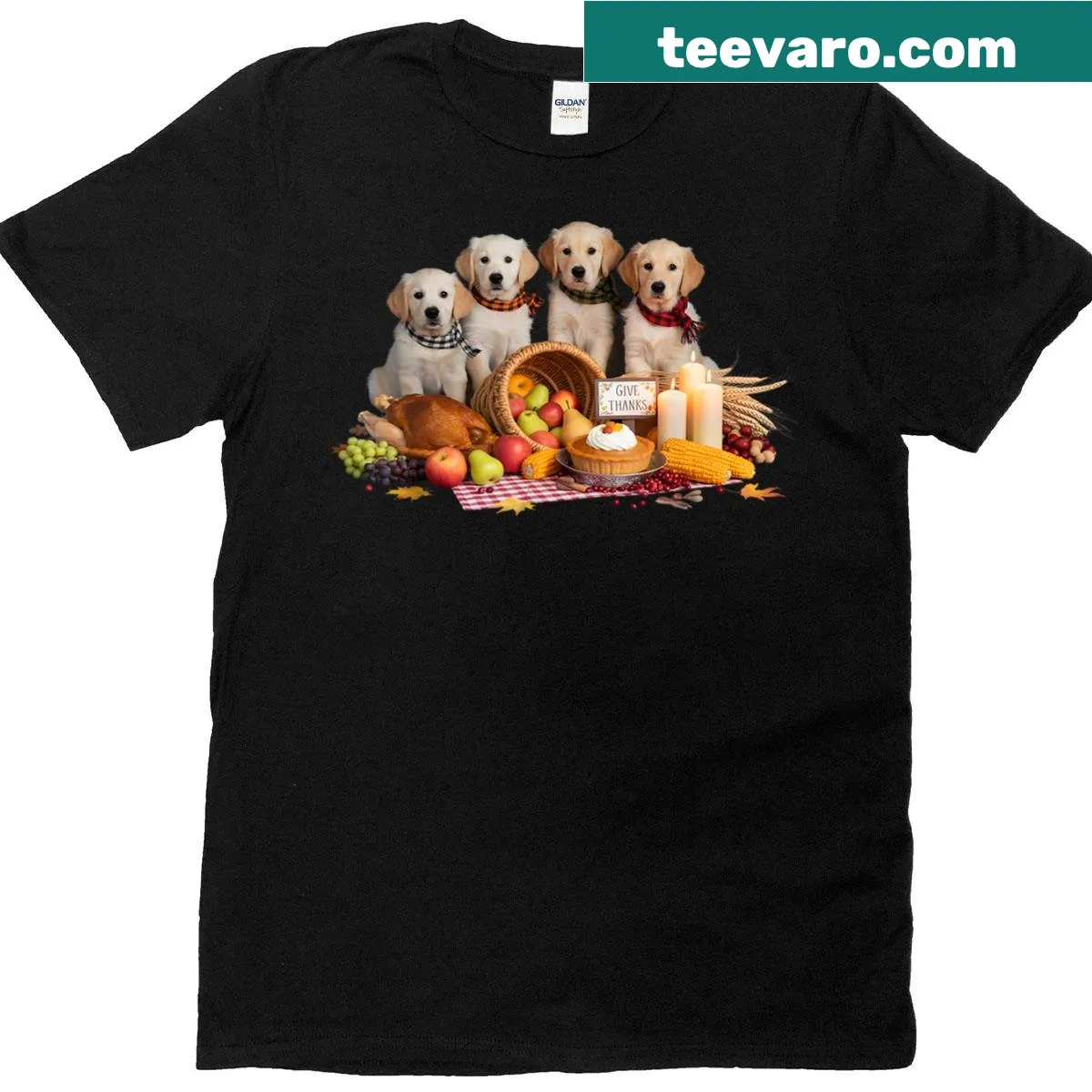 Cute golden retriever puppy with autumn elements for Thanksgiving — on a men's t-shirt