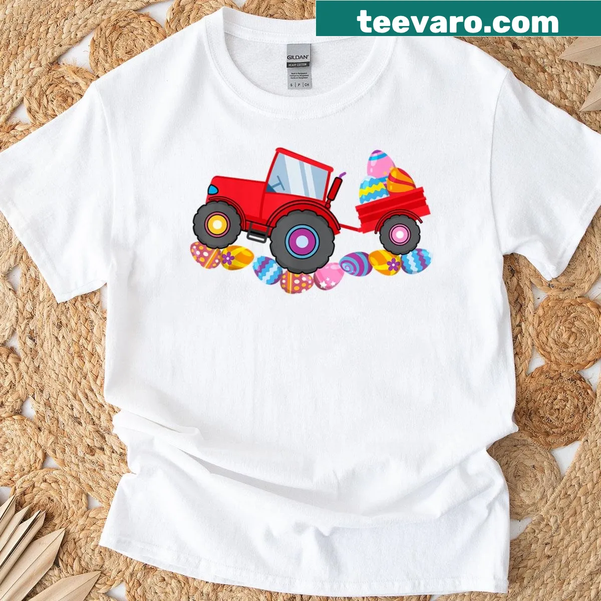 Easter graphic with tractor and bunny for kids — on a men's t-shirt