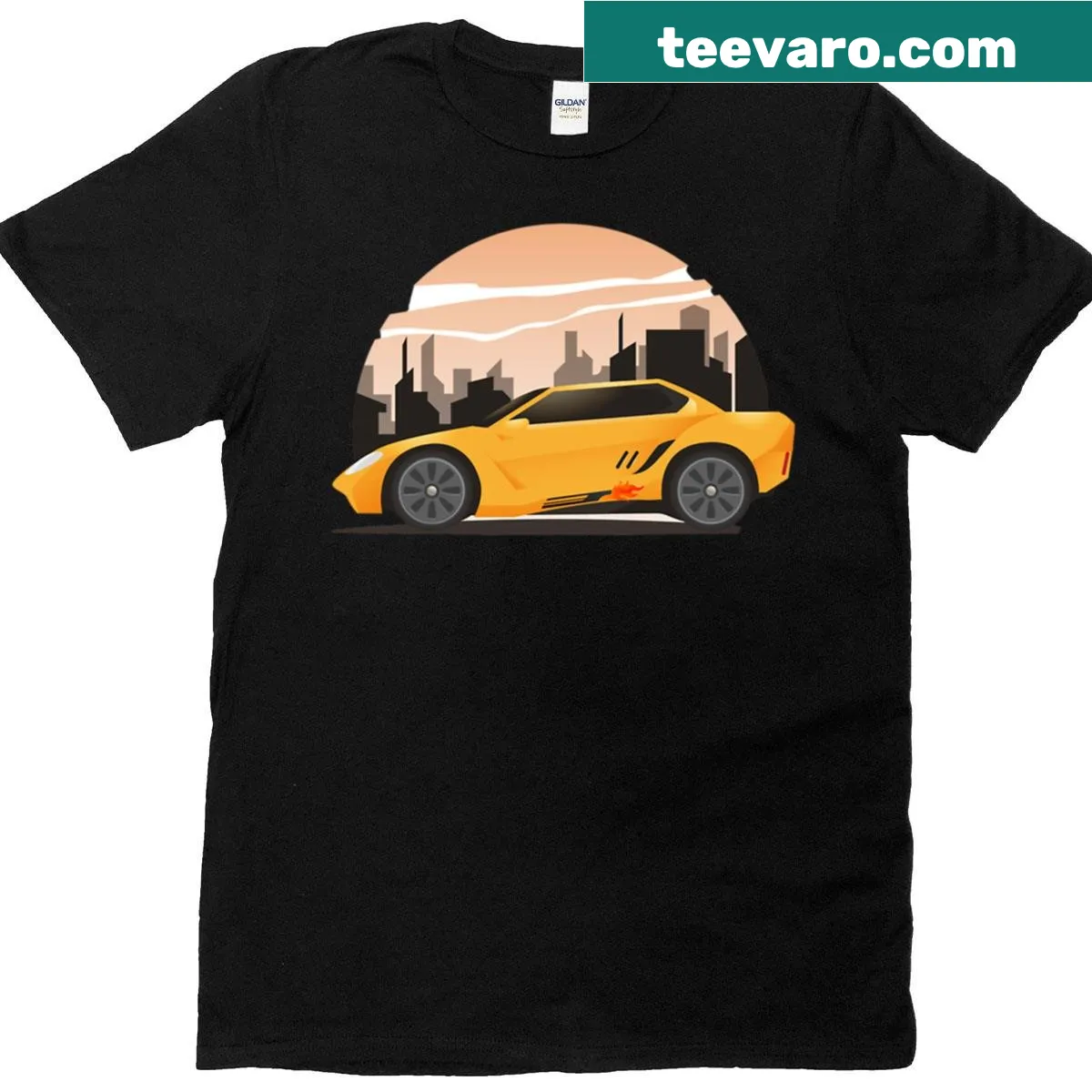 Yellow sports car racing with city skyline at sunset T-shirt — on a men's t-shirt