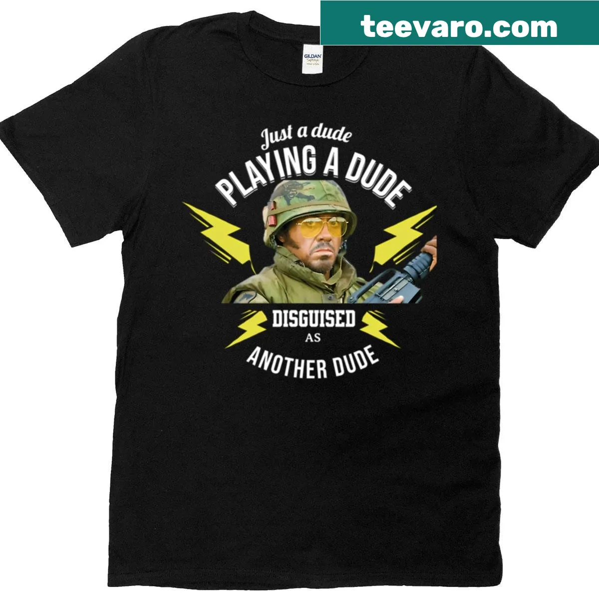 Vintage American-themed 80s style film t-shirt — on a men's t-shirt