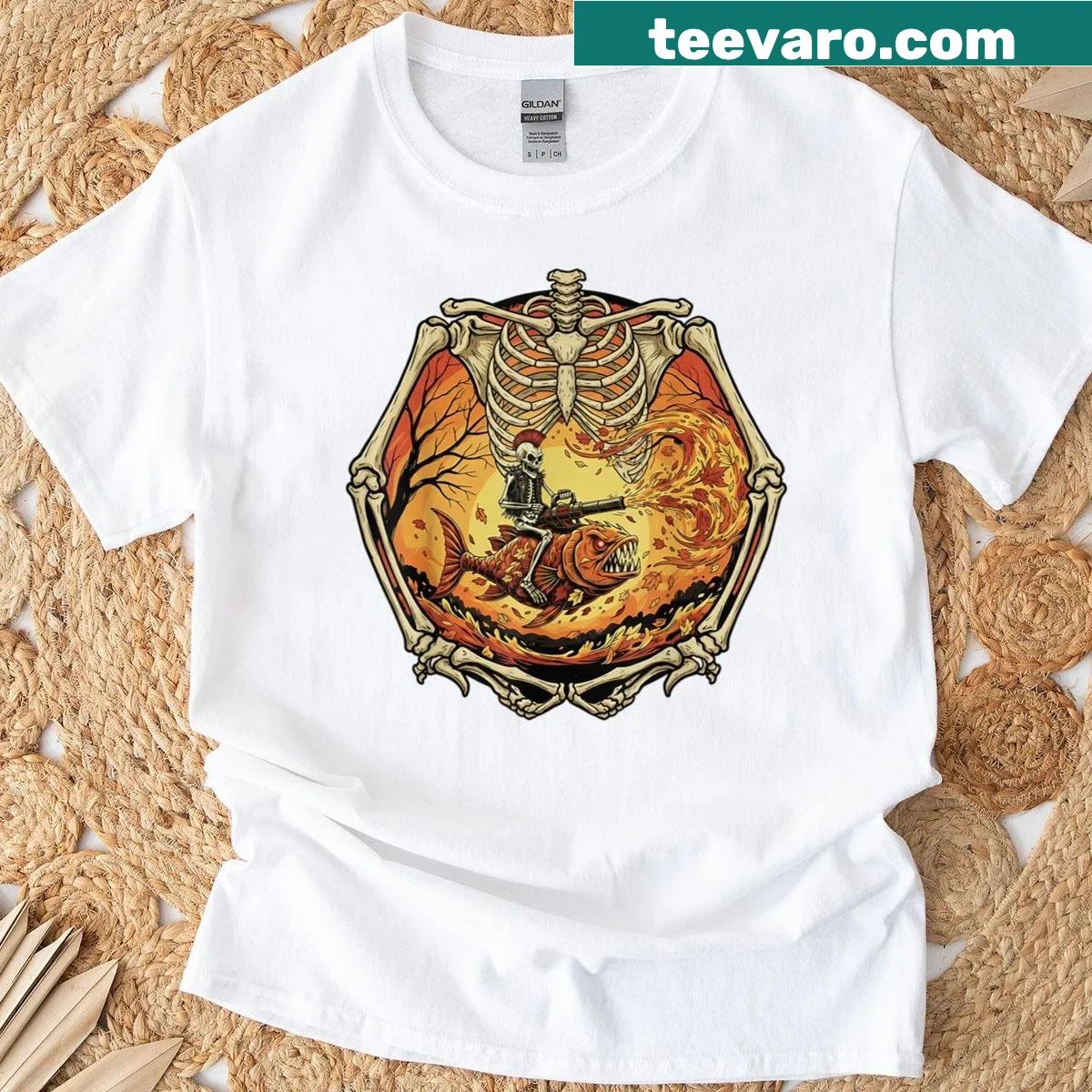 Whimsical fish skeleton riding a leaf blower graphic on T-shirt. — on a men's t-shirt